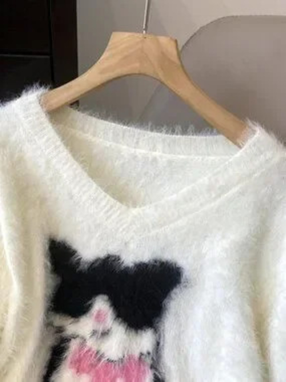 White Casual Women's Korean Loose Fuzzy Drop Shoulder Long Sleeve Pullover Dress